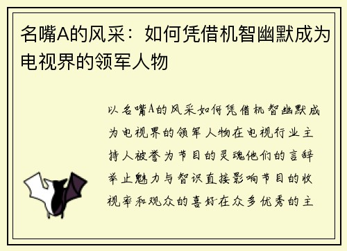 名嘴A的风采：如何凭借机智幽默成为电视界的领军人物