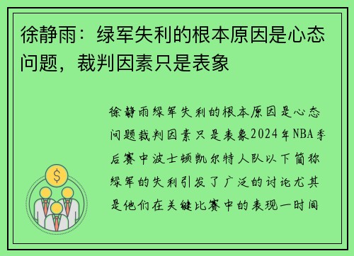 徐静雨：绿军失利的根本原因是心态问题，裁判因素只是表象