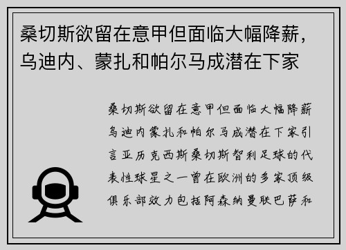 桑切斯欲留在意甲但面临大幅降薪，乌迪内、蒙扎和帕尔马成潜在下家